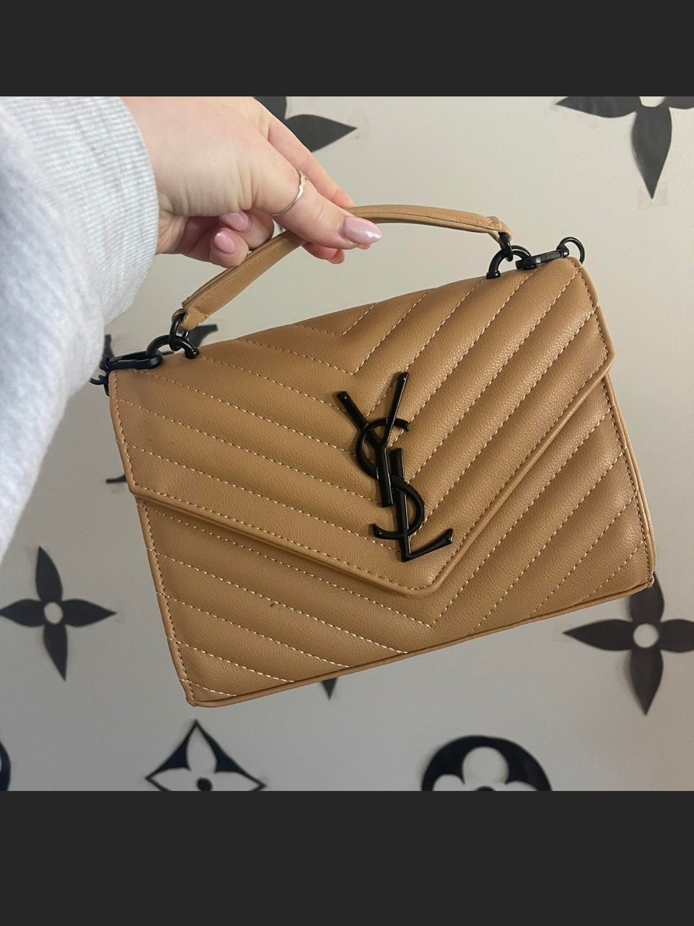 Saint Laurent Tan Quilted Top-Handle Satchel with Black YSL Logo